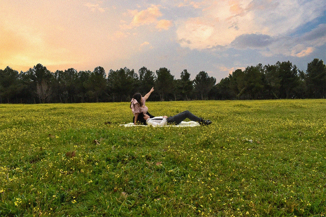 Pareja en el césped del parque